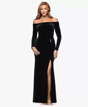 Xscape Velvet Formal Evening Gown Sz 12 Black Off Shoulder Wedding Party Dress